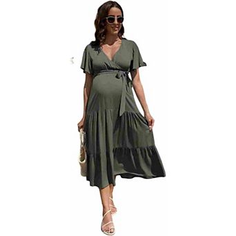 Womens Maternity Dress V-Neck Puff Sleeve Pleated Maternity Maxi Dress Summer Casual Dress