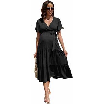 Womens Maternity Dress V-Neck Puff Sleeve Pleated Maternity Maxi Dress Summer Casual Dress