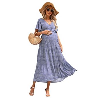 Womens Maternity Dress V-Neck Puff Sleeve Pleated Maternity Maxi Dress Summer Casual Dress