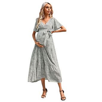 Womens Maternity Dress V-Neck Puff Sleeve Pleated Maternity Maxi Dress Summer Casual Dress