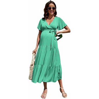 Womens Maternity Dress V-Neck Puff Sleeve Pleated Maternity Maxi Dress Summer Casual Dress