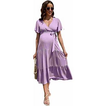 Womens Maternity Dress V-Neck Puff Sleeve Pleated Maternity Maxi Dress Summer Casual Dress