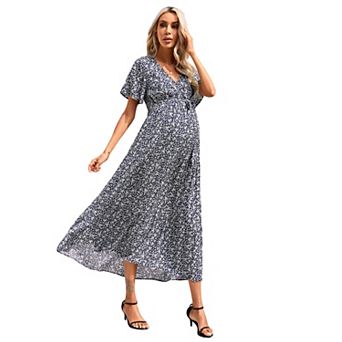 Womens Maternity Dress V-Neck Puff Sleeve Pleated Maternity Maxi Dress Summer Casual Dress