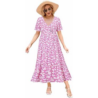 Womens Maternity Dress V-Neck Puff Sleeve Pleated Maternity Maxi Dress Summer Casual Dress