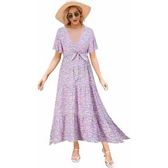 Womens Maternity Dress V-Neck Puff Sleeve Pleated Maternity Maxi Dress Summer Casual Dress