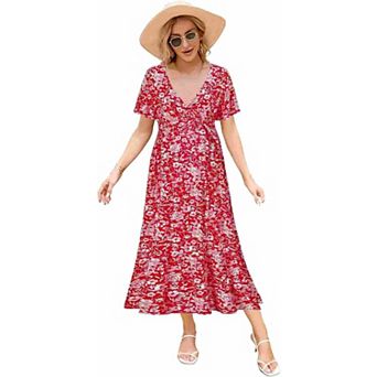 Womens Maternity Dress V-Neck Puff Sleeve Pleated Maternity Maxi Dress Summer Casual Dress