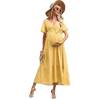 Womens Maternity Dress V-Neck Puff Sleeve Pleated Maternity Maxi Dress Summer Casual Dress