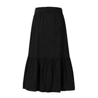Girls Button Front High Waisted Long Skirt with Belt Ruffled Skirts with Pocket