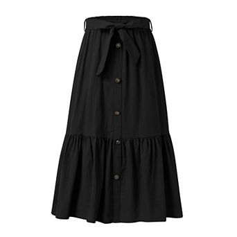 Girls Button Front High Waisted Long Skirt with Belt Ruffled Skirts with Pocket