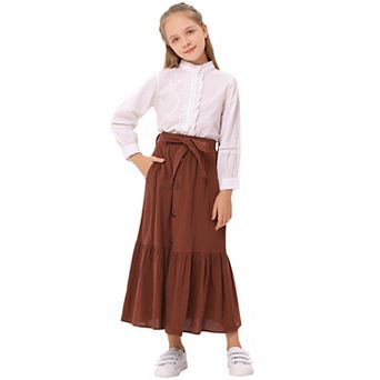 Girls Button Front High Waisted Long Skirt with Belt Ruffled Skirts with Pocket