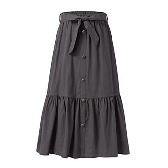 Girls Button Front High Waisted Long Skirt with Belt Ruffled Skirts with Pocket
