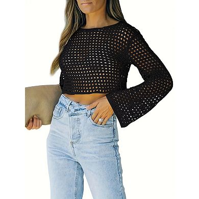 Women's Crochet Crop Long Sleeve Hollow Out Mesh Knitted Beach Bikini Cover Ups