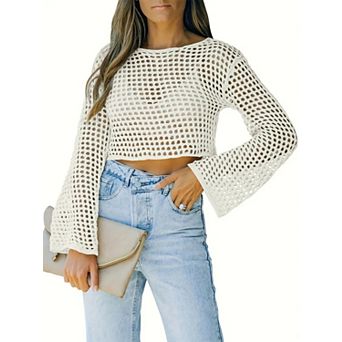 Women's Crochet Crop Long Sleeve Hollow Out Mesh Knitted Beach Bikini Cover Ups