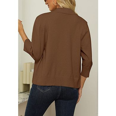 Women's 3/4 Sleeve Cropped Cardigan Sweater Open Front Short Shrug Lightweight Cardigan Sweater