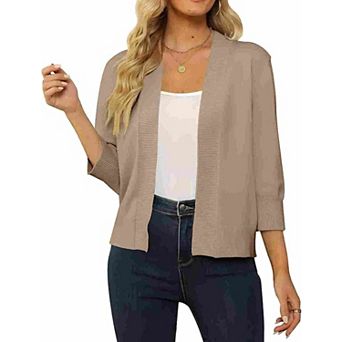 Women's 3/4 Sleeve Cropped Cardigan Sweater Open Front Short Shrug Lightweight Cardigan Sweater