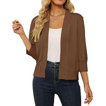 Women's 3/4 Sleeve Cropped Cardigan Sweater Open Front Short Shrug Lightweight Cardigan Sweater