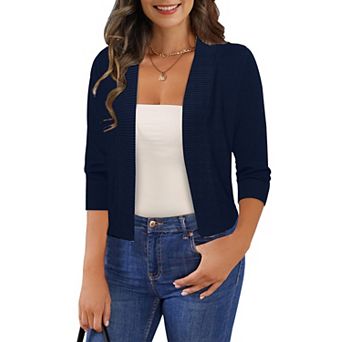 Women's 3/4 Sleeve Cropped Cardigan Sweater Open Front Short Shrug Lightweight Cardigan Sweater
