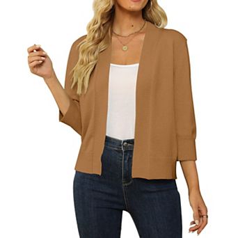 Women's 3/4 Sleeve Cropped Cardigan Sweater Open Front Short Shrug Lightweight Cardigan Sweater
