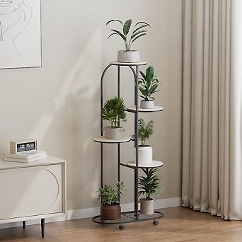 Wrought Iron Corner Plant Shelf with Wheels Multiple Flower Pot Holder Rack for Room Balcony Patio