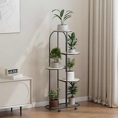 Wrought Iron Corner Plant Shelf with Wheels Multiple Flower Pot Holder Rack for Room Balcony Patio