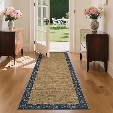 FairOnly Solid Color Area Rug for Bedroom Low Pile Washable Non Slip Flower Border Rug for Kitchen