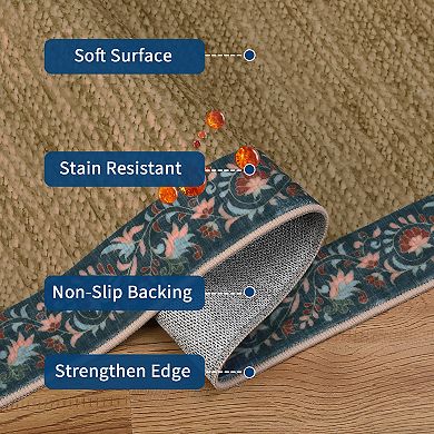 FairOnly Solid Color Area Rug for Bedroom Low Pile Washable Non Slip Flower Border Rug for Kitchen