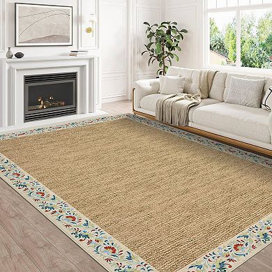 FairOnly Solid Color Area Rug for Bedroom Low Pile Washable Non Slip Flower Border Rug for Kitchen