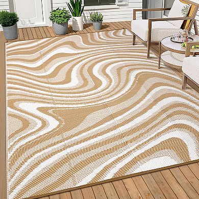 Modern Abstract Reversible UV Resistant Outdoor Rug for Picnic RV Patio & Pool Beach