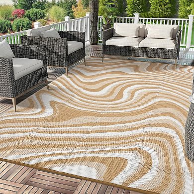 Modern Abstract Reversible UV Resistant Outdoor Rug for Picnic RV Patio & Pool Beach