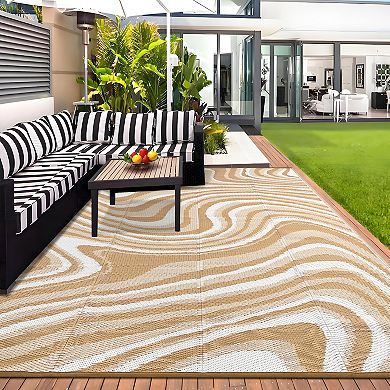 Modern Abstract Reversible UV Resistant Outdoor Rug for Picnic RV Patio & Pool Beach