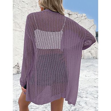 Women's Lightweight Cardigan Long Sleeve Open Front Loose Crochet Cover Up