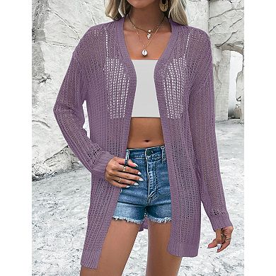 Women's Lightweight Cardigan Long Sleeve Open Front Loose Crochet Cover Up
