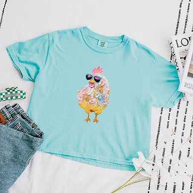 Sunglasses Chick Paint Print - Women's Boxy Crop Top Graphic T-Shirt