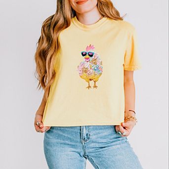 Sunglasses Chick Paint Print - Women's Boxy Crop Top Graphic T-Shirt