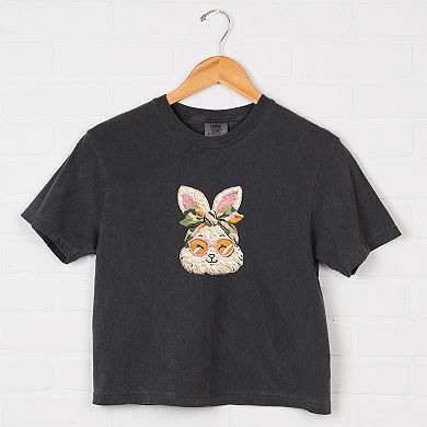 Bunny Face Yarn Print - Women's Boxy Crop Top Graphic T-Shirt