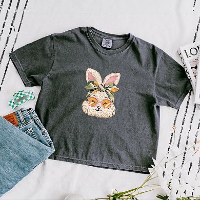 Bunny Face Yarn Print - Women's Boxy Crop Top Graphic T-Shirt