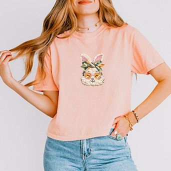 Bunny Face Yarn Print - Women's Boxy Crop Top Graphic T-Shirt
