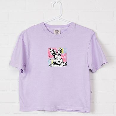 Bunny Square Distressed - Women's Boxy Crop Top Graphic T-Shirt