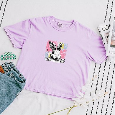 Bunny Square Distressed - Women's Boxy Crop Top Graphic T-Shirt