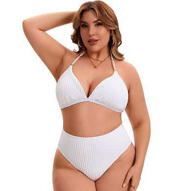 Women's Plus Size Bikini Set Ribbed Halter Pearl Strap Triangle Top High Waisted Shorts 2 Pcs Suits