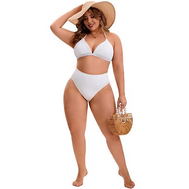 Women's Plus Size Bikini Set Ribbed Halter Pearl Strap Triangle Top High Waisted Shorts 2 Pcs Suits