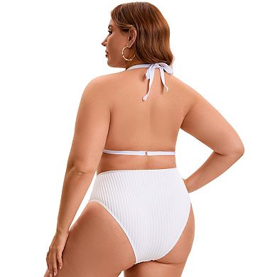Women's Plus Size Bikini Set Ribbed Halter Pearl Strap Triangle Top High Waisted Shorts 2 Pcs Suits