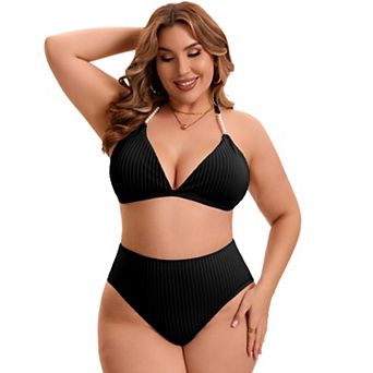 Women's Plus Size Bikini Set Ribbed Halter Pearl Strap Triangle Top High Waisted Shorts 2 pc Suits