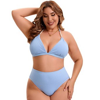 Women's Plus Size Bikini Set Ribbed Halter Pearl Strap Triangle Top High Waisted Shorts 2 pc Suits