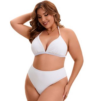 Women's Plus Size Bikini Set Ribbed Halter Pearl Strap Triangle Top High Waisted Shorts 2 pc Suits