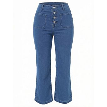 High Waisted Jeans for Women Stretchy Straight Leg Buttoned Denim Pants with Pockets