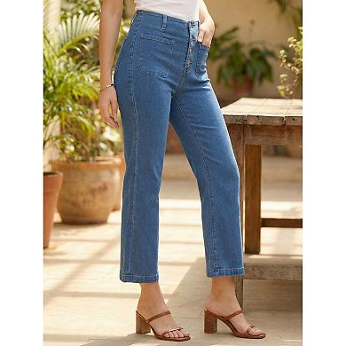 High Waisted Jeans for Women Stretchy Straight Leg Buttoned Denim Pants with Pockets