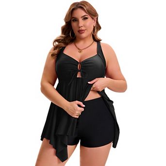 Women's Plus Size 2 pc Swimsuit Tankini Board Shorts Tummy Control Ruched Tie Knot Bathing Suit