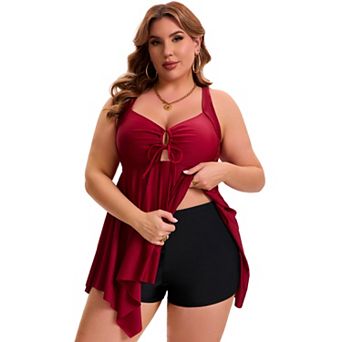 Women's Plus Size 2 pc Swimsuit Tankini Board Shorts Tummy Control Ruched Tie Knot Bathing Suit