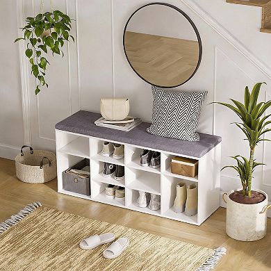 12-Cubby Adjustable Shoe Bench with Padded Seat for Entryway Storage